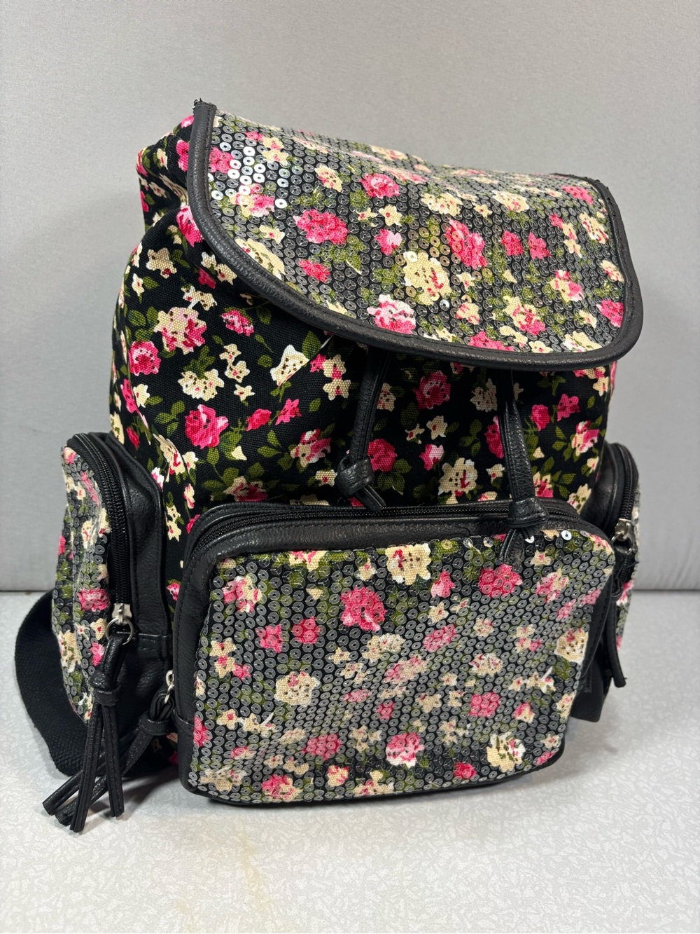 Candie's Black Floral Sequin Backpack with Pink & Cream Accents